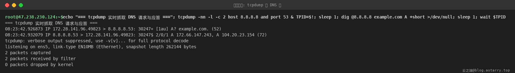 tcpdump 实测:抓到 dig 发出的 DNS 查询与应答两个包,2 captured 0 dropped